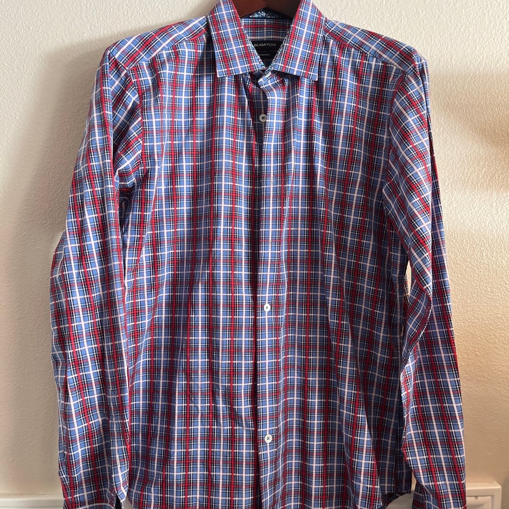 Bugatchi mens shaped fit red and blue plaid shirt.